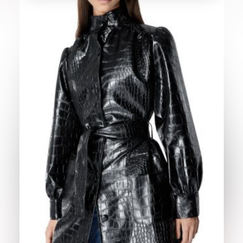 THE KOOPLES PARIS NWT MAT CROC EMBOSSED FAUX LEATHER BLACK TRENCH COAT SIZE EU 3
